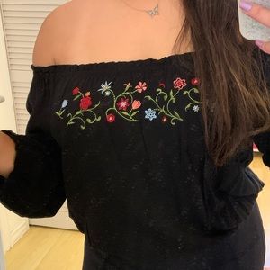 Black Off The Shoulder Top with Embroidered Flower